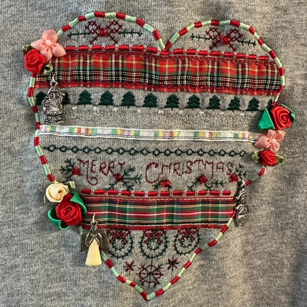 Merry & Bright Gray Pullover Hoodie Sweatshirt Embellished Christmas Size L - Picture 2 of 9